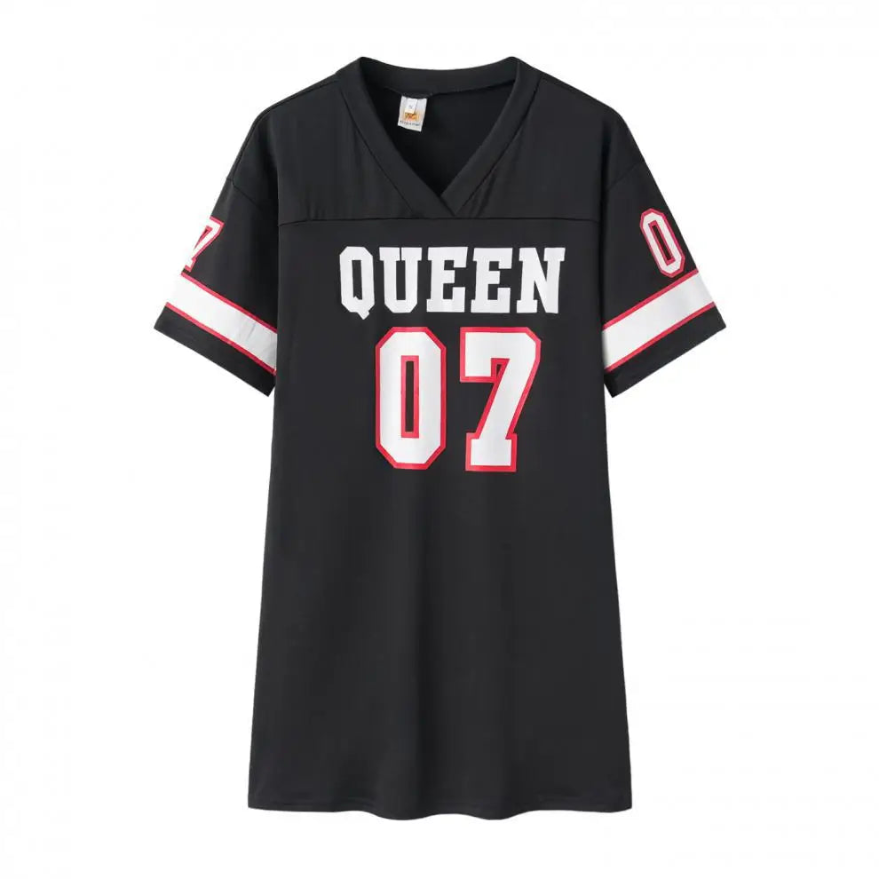 LVSANW 2024 New Fashion V-Neck Queen Letters Print Dress Short Sleeve Basketball Sporty Style Sexy Loose Female Clothing Streetwear