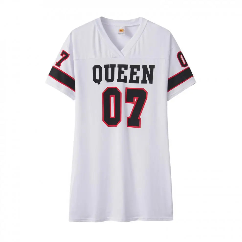 LVSANW 2024 New Fashion V-Neck Queen Letters Print Dress Short Sleeve Basketball Sporty Style Sexy Loose Female Clothing Streetwear