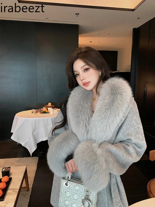 LVSANW 2024 New Gray Double-sided Cashmere Women's Fox Fur Woolen Coat Abrigos Para Mujer White Winter Jacket Women