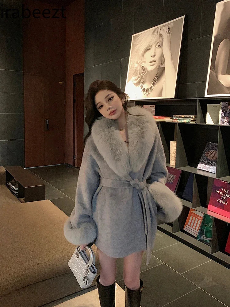 LVSANW 2024 New Gray Double-sided Cashmere Women's Fox Fur Woolen Coat Abrigos Para Mujer White Winter Jacket Women