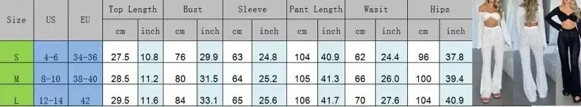 LVSANW 2024 New Hollow Out Crochet Knit Pants Set Women Casual Two-Piece Outfit See Through Long Sleeve Crop Tops+High Waist Long Pants