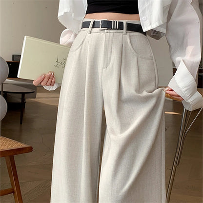 LVSANW 2024 New Linen High Waist Suit Wide Leg Women's Full Pants with Belted Spring Summer Female Elegant Minimalism Loose Trousers