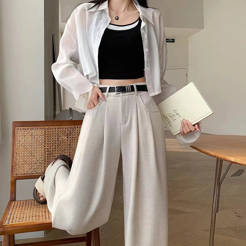 LVSANW 2024 New Linen High Waist Suit Wide Leg Women's Full Pants with Belted Spring Summer Female Elegant Minimalism Loose Trousers