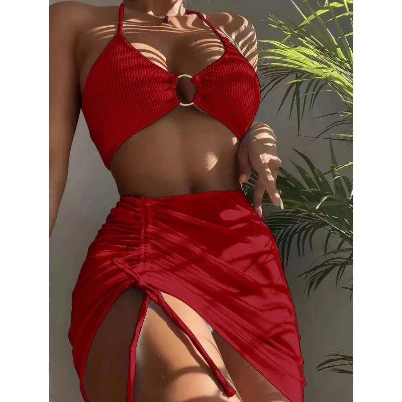 LVSANW 2024 New Sexy Solid Bikini Low Waist Three Pieces Swimsuit Women Brazilian Bandage Swimwear Female Beachwear Bathing Suit