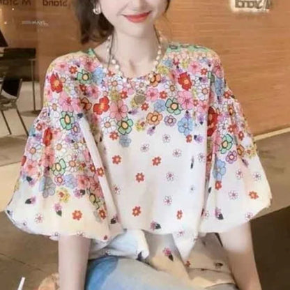 LVSANW 2024 New Summer Commuting Young Style Sweet and Fashionable Chiffon Lantern Sleep Loose Round Neck Printed Women's T-shirt Top