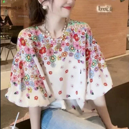 LVSANW 2024 New Summer Commuting Young Style Sweet and Fashionable Chiffon Lantern Sleep Loose Round Neck Printed Women's T-shirt Top