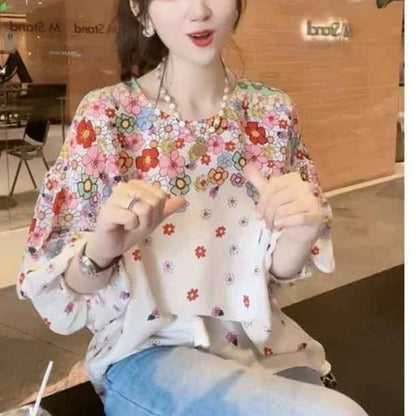 LVSANW 2024 New Summer Commuting Young Style Sweet and Fashionable Chiffon Lantern Sleep Loose Round Neck Printed Women's T-shirt Top