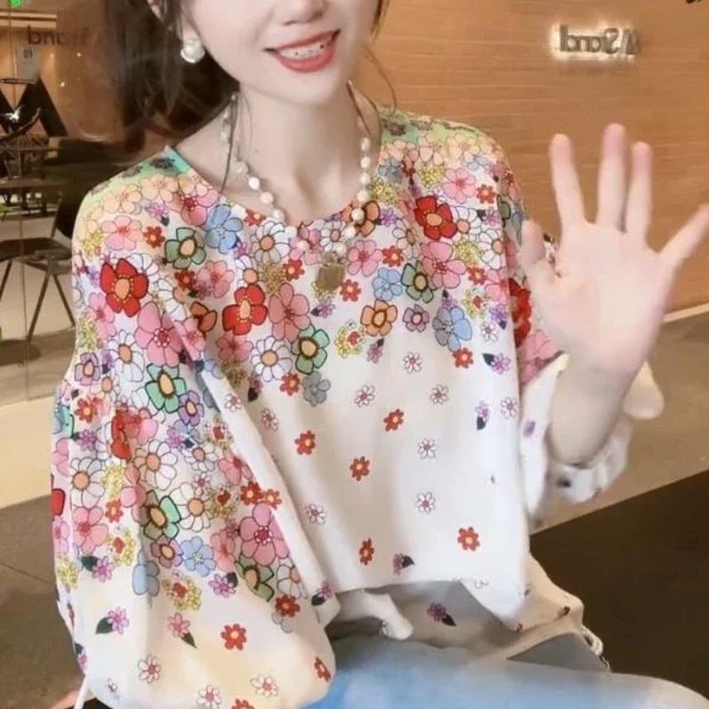 LVSANW 2024 New Summer Commuting Young Style Sweet and Fashionable Chiffon Lantern Sleep Loose Round Neck Printed Women's T-shirt Top