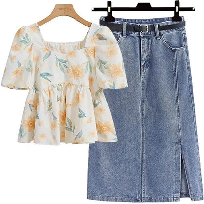 LVSANW 2024 New Summer Outfit Women's Short Sleeved Top, Women's Body Covering and Slimming Denim Skirt Two Piece Set for Woman