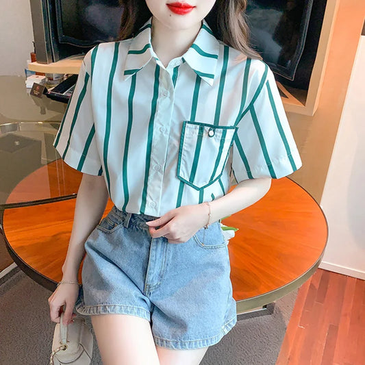 LVSANW 2024 New Summer Solid Color Print KPOP Fashion Style Chic Women's Shirt Office Lady Short Sleeve Shirt Collar Pocket Striped Top