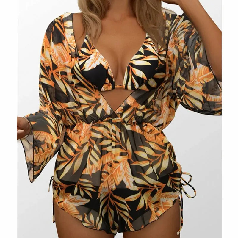 LVSANW 2024 New Summer Women Sexy 3 Pieces Suit Floral Print Swimwear Drawstring Beachwear Holiday Bikini Set+Bodysuit Overall Swimsuit