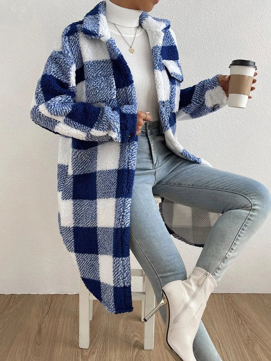 LVSANW 2024 New Winter Pattern Loose Woolen Coat Women Elegant Chic Solid Outerwear Long Overcoat Female Casual Warm Plush Plaid Jacket