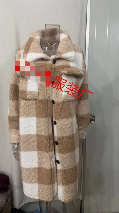 LVSANW 2024 New Winter Pattern Loose Woolen Coat Women Elegant Chic Solid Outerwear Long Overcoat Female Casual Warm Plush Plaid Jacket