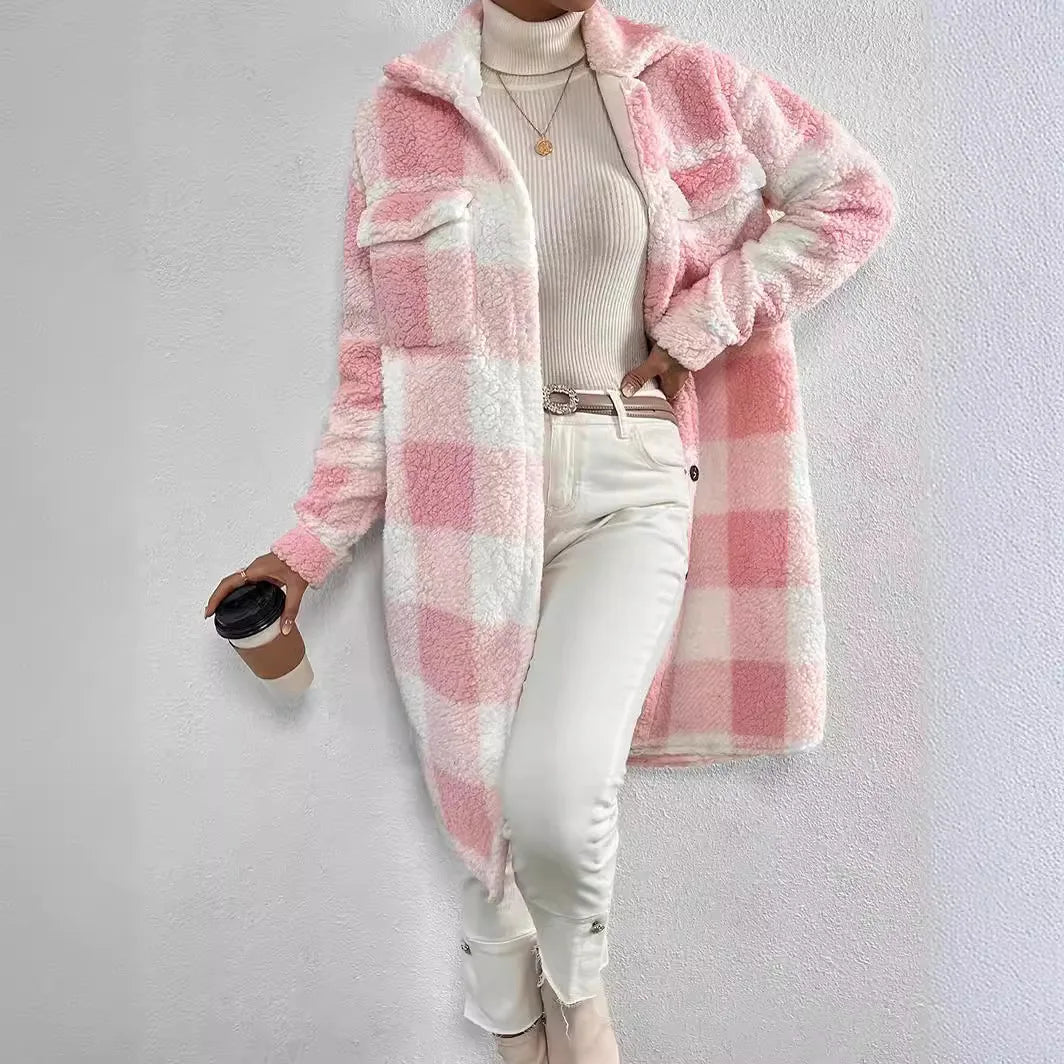 LVSANW 2024 New Winter Pattern Loose Woolen Coat Women Elegant Chic Solid Outerwear Long Overcoat Female Casual Warm Plush Plaid Jacket