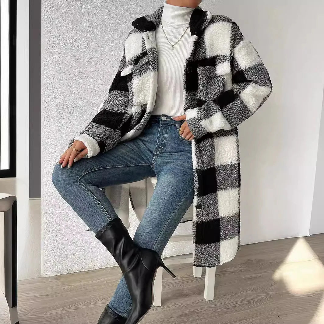 LVSANW 2024 New Winter Pattern Loose Woolen Coat Women Elegant Chic Solid Outerwear Long Overcoat Female Casual Warm Plush Plaid Jacket