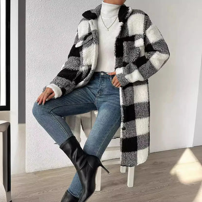 LVSANW 2024 New Winter Pattern Loose Woolen Coat Women Elegant Chic Solid Outerwear Long Overcoat Female Casual Warm Plush Plaid Jacket