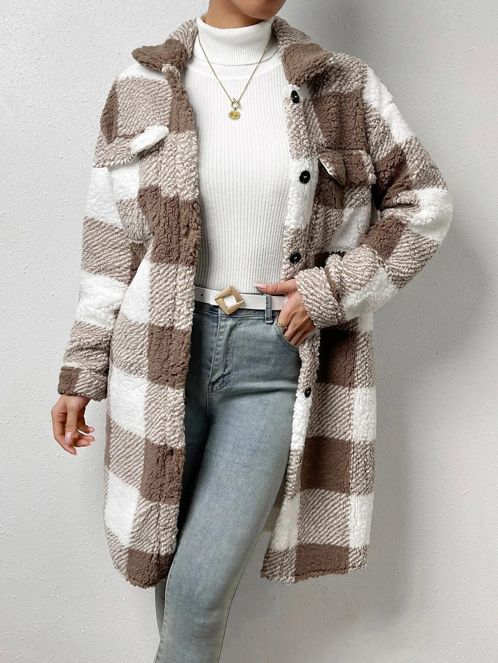 LVSANW 2024 New Winter Pattern Loose Woolen Coat Women Elegant Chic Solid Outerwear Long Overcoat Female Casual Warm Plush Plaid Jacket