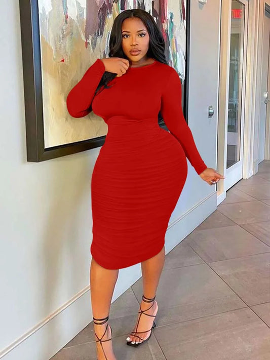 LVSANW 2024 New Women Crew Neck Long Sleeve Dress Sexy Ruched Mini Dress