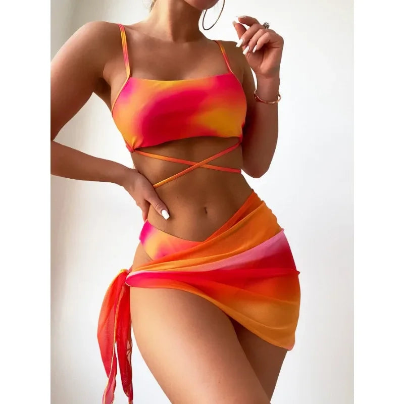 LVSANW 2024 New Women Tie Dyed Split Bikini Sexy Hip Lifting Mesh Gradient Beach Three Piece Set Cross Swimwear Girl