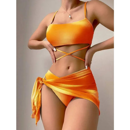 LVSANW 2024 New Women Tie Dyed Split Bikini Sexy Hip Lifting Mesh Gradient Beach Three Piece Set Cross Swimwear Girl