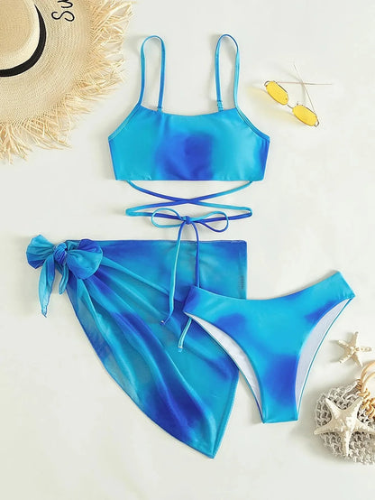 LVSANW 2024 New Women Tie Dyed Split Bikini Sexy Hip Lifting Mesh Gradient Beach Three Piece Set Cross Swimwear Girl