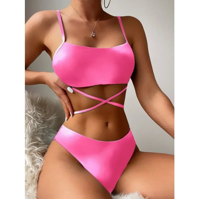 LVSANW 2024 New Women Tie Dyed Split Bikini Sexy Hip Lifting Mesh Gradient Beach Three Piece Set Cross Swimwear Girl