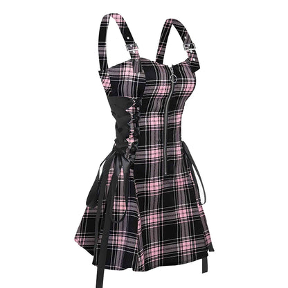 LVSANW 2024 New Womens Mini Dresses Retro Plaid Print Lace Up Dress O Ring Half Zipper Adjustable Buckle Strap Sleeveless Dress