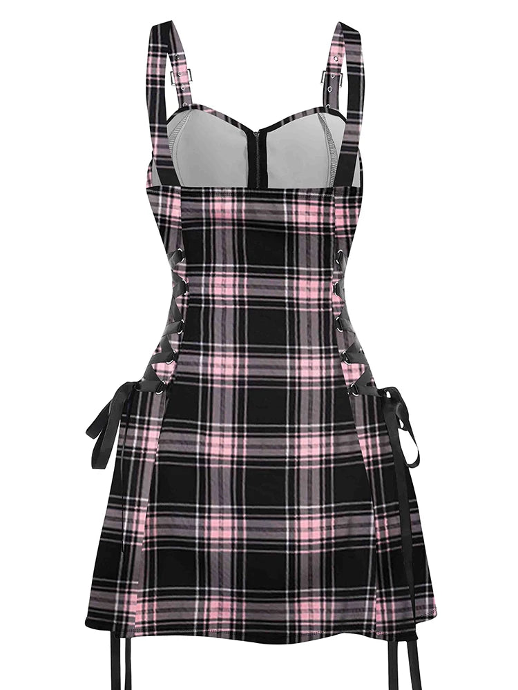 LVSANW 2024 New Womens Mini Dresses Retro Plaid Print Lace Up Dress O Ring Half Zipper Adjustable Buckle Strap Sleeveless Dress