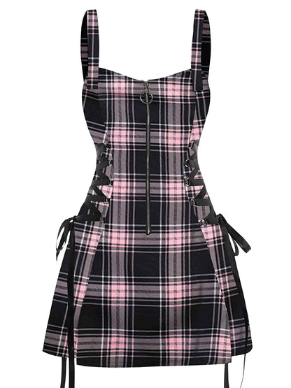 LVSANW 2024 New Womens Mini Dresses Retro Plaid Print Lace Up Dress O Ring Half Zipper Adjustable Buckle Strap Sleeveless Dress