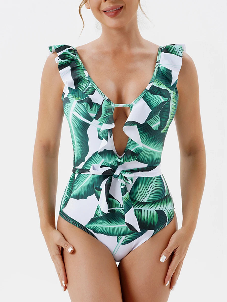 LVSANW 2024 Print Ruffle Swimsuit Women One Piece Hollow Out Sexy Swimwear Female Backless Beachwear Bathers Bathing Swimming Swim Suit