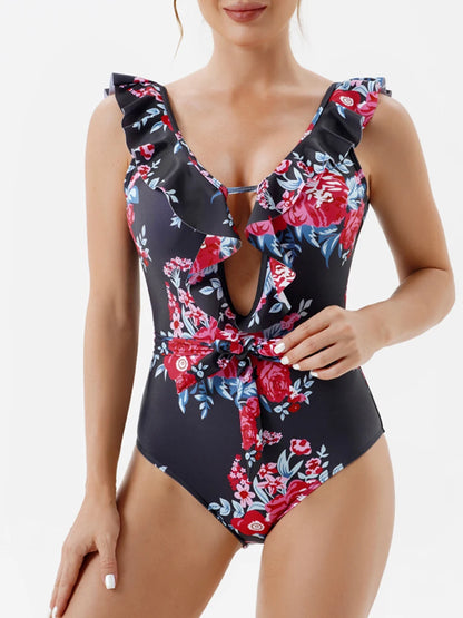 LVSANW 2024 Print Ruffle Swimsuit Women One Piece Hollow Out Sexy Swimwear Female Backless Beachwear Bathers Bathing Swimming Swim Suit