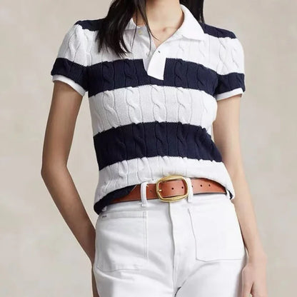 LVSANW 2024 RL Summer Women's 100% Cotton Pony Short Sleeve Embroidered Polo Shirt Women's Striped Knit Sweater Pullover Top