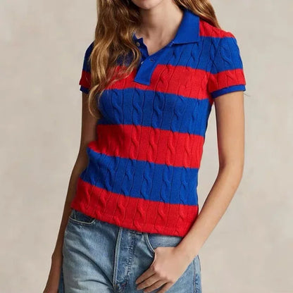 LVSANW 2024 RL Summer Women's 100% Cotton Pony Short Sleeve Embroidered Polo Shirt Women's Striped Knit Sweater Pullover Top