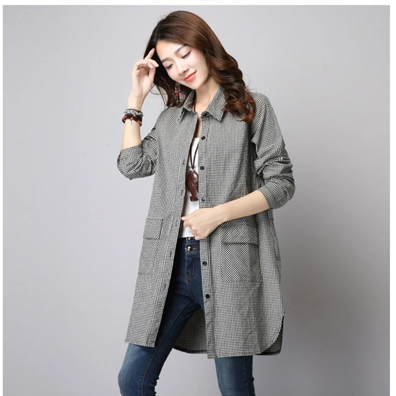 LVSANW 2024 Spring Autumn New Long Sleeved Checkered Casual Shirt for Women Mid Length Bottom Loose Size Cardigan Trendy Plaid Coat Top