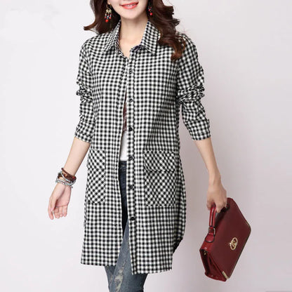 LVSANW 2024 Spring Autumn New Long Sleeved Checkered Casual Shirt for Women Mid Length Bottom Loose Size Cardigan Trendy Plaid Coat Top