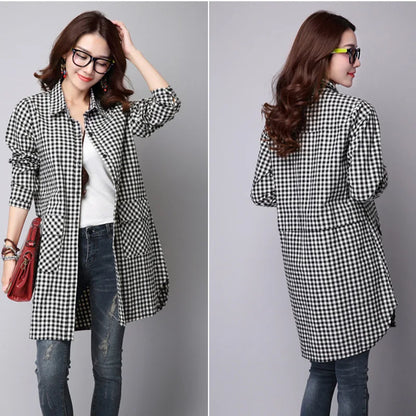 LVSANW 2024 Spring Autumn New Long Sleeved Checkered Casual Shirt for Women Mid Length Bottom Loose Size Cardigan Trendy Plaid Coat Top