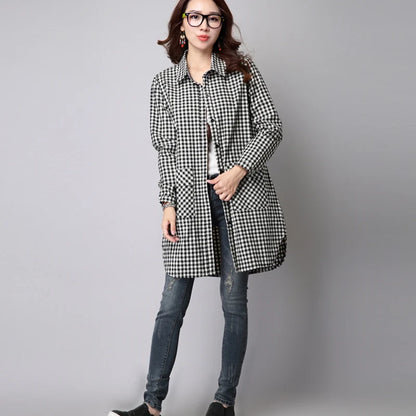 LVSANW 2024 Spring Autumn New Long Sleeved Checkered Casual Shirt for Women Mid Length Bottom Loose Size Cardigan Trendy Plaid Coat Top