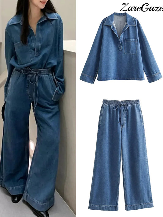 LVSANW Spring Casual Denim Top Pants Sets Women Long Sleeve Turndown Collar Pullover Wide Leg Pant Female Suit Summer Lady Outfits