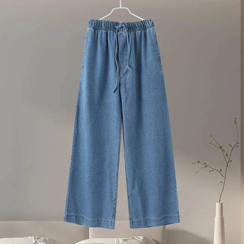 LVSANW 2024 Spring Casual Denim Top Pants Sets Women Long Sleeve Turndown Collar Pullover Wide Leg Pant Female Suit Summer Lady Outfits