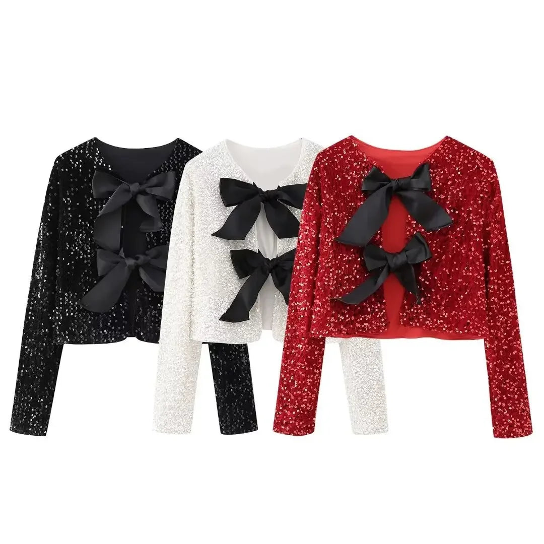 LVSANW 2024 Spring New Arrival Women's Tri-Color Cropped Jacket Top European and American Cross-Border Style Bow Design Brightly Sequin