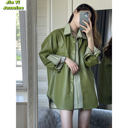 LVSANW 2024 Spring/Summer Fashionable Style Avocado Green Long Sleeved Shirt Women's Thin Loose Solid PU Coat Shirt