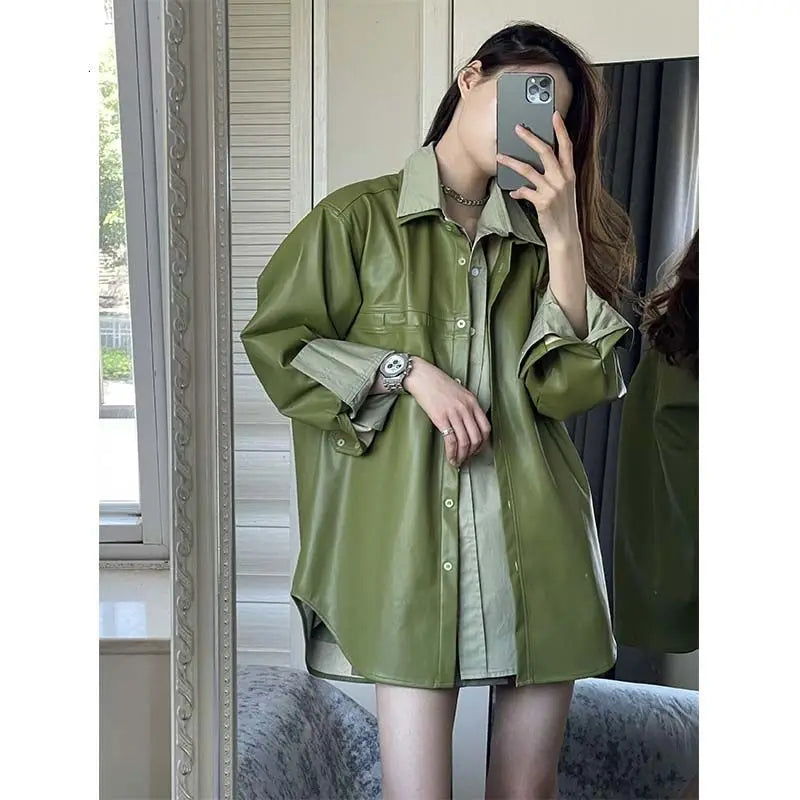 LVSANW 2024 Spring/Summer Fashionable Style Avocado Green Long Sleeved Shirt Women's Thin Loose Solid PU Coat Shirt