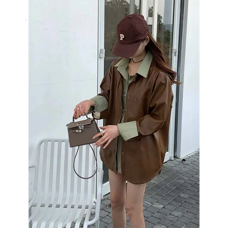 LVSANW 2024 Spring/Summer Fashionable Style Avocado Green Long Sleeved Shirt Women's Thin Loose Solid PU Coat Shirt