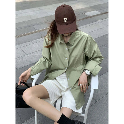 LVSANW 2024 Spring/Summer Fashionable Style Avocado Green Long Sleeved Shirt Women's Thin Loose Solid PU Coat Shirt