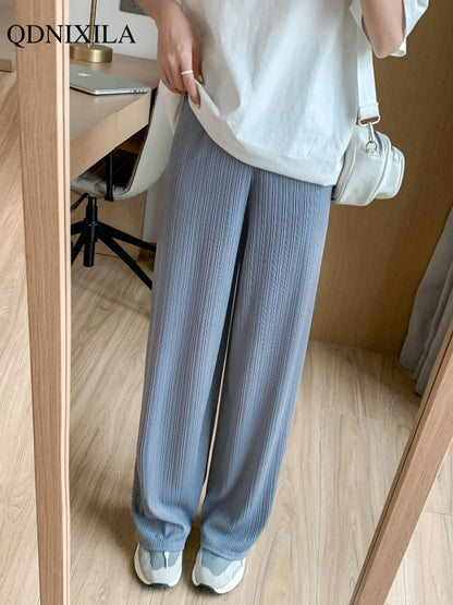 LVSANW 2024 Spring Summer Ice Silk Wide Leg Pants for Women Korean Thin Chiffon High Waist Saggy Loose Straight Casual Fashion Trousers