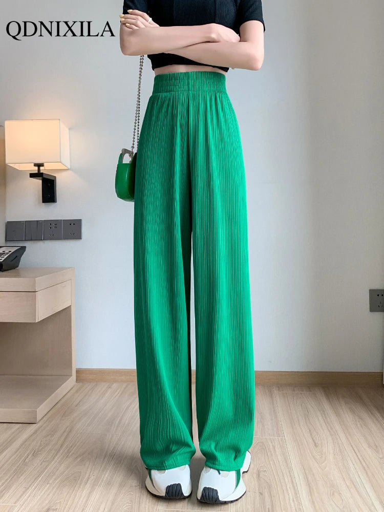 LVSANW 2024 Spring Summer Ice Silk Wide Leg Pants for Women Korean Thin Chiffon High Waist Saggy Loose Straight Casual Fashion Trousers