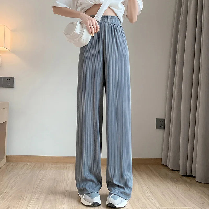 LVSANW 2024 Spring Summer Ice Silk Wide Leg Pants for Women Korean Thin Chiffon High Waist Saggy Loose Straight Casual Fashion Trousers