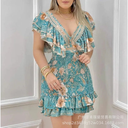 LVSANW 2024 Spring Summer New Women's Clothing Printed V-neck Ruffled Waist-Tight Hip-Wrapped Dress