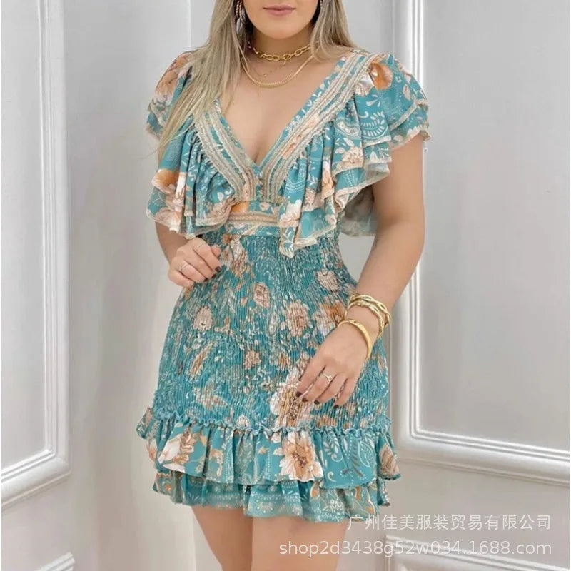 LVSANW 2024 Spring Summer New Women's Clothing Printed V-neck Ruffled Waist-Tight Hip-Wrapped Dress