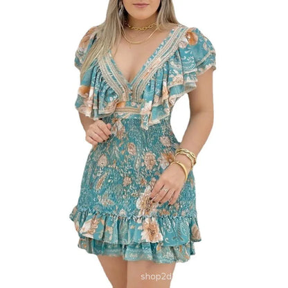 LVSANW 2024 Spring Summer New Women's Clothing Printed V-neck Ruffled Waist-Tight Hip-Wrapped Dress